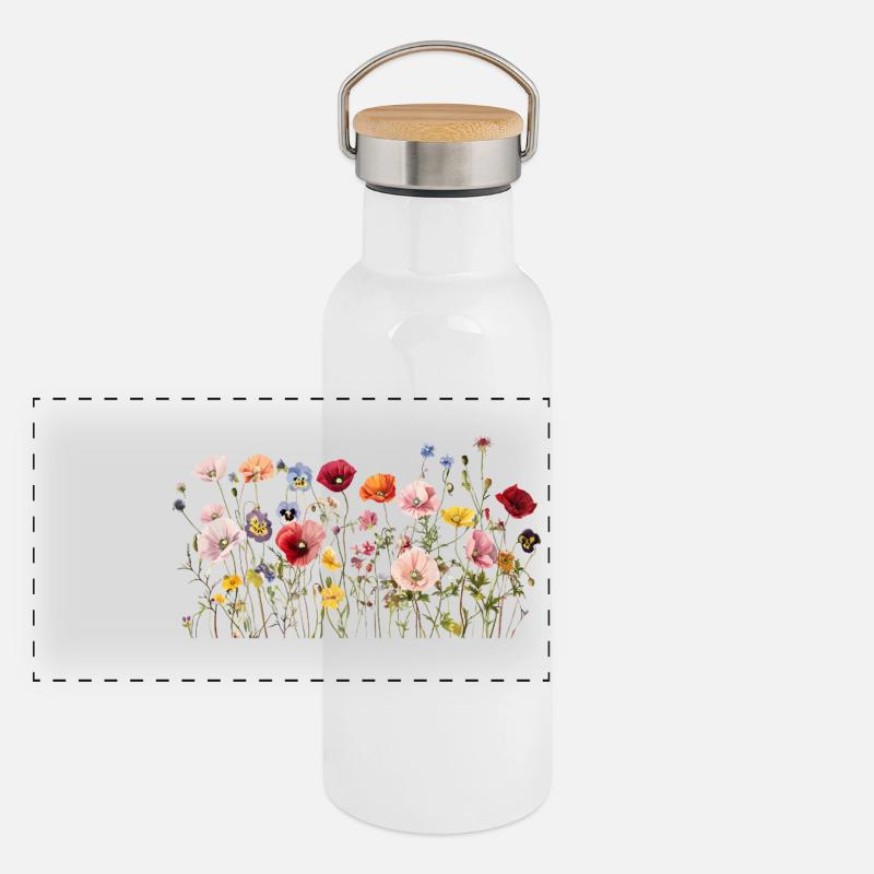 Prairie de fleurs sauvages – Fleurs d’aquarelle naturelles Gourde isotherme avec bouchon en bambou