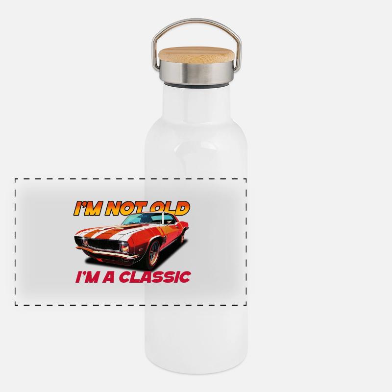 Ich bin nicht alt, ich bin ein Klassiker (Auto) Panorama Thermosflasche mit Bambusdeckel
