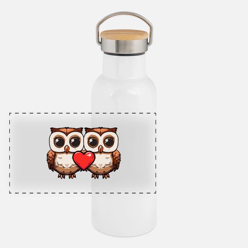 Eule Paar Valentinstag Panorama Thermosflasche mit Bambusdeckel