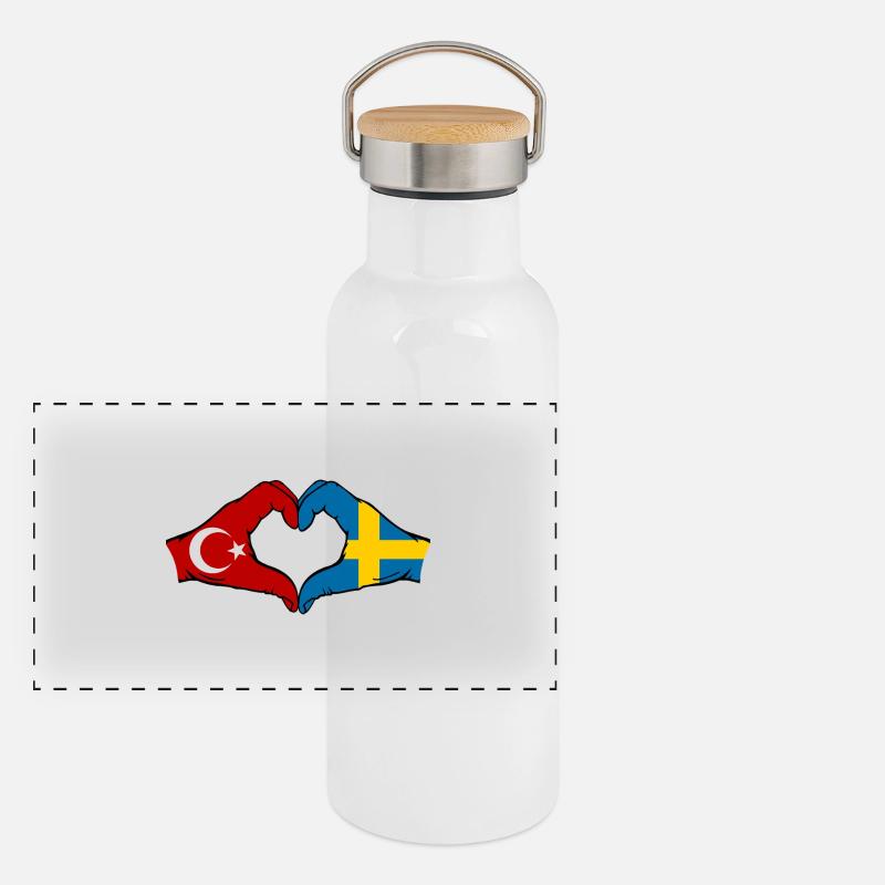 Turquie Suède Drapeau Mains Coeur Forme Gourde isotherme avec bouchon en bambou