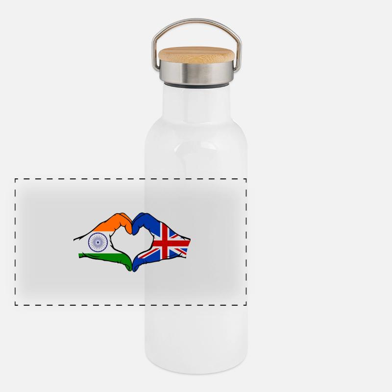Inde Grande-Bretagne drapeau mains forme coeur Gourde isotherme avec bouchon en bambou