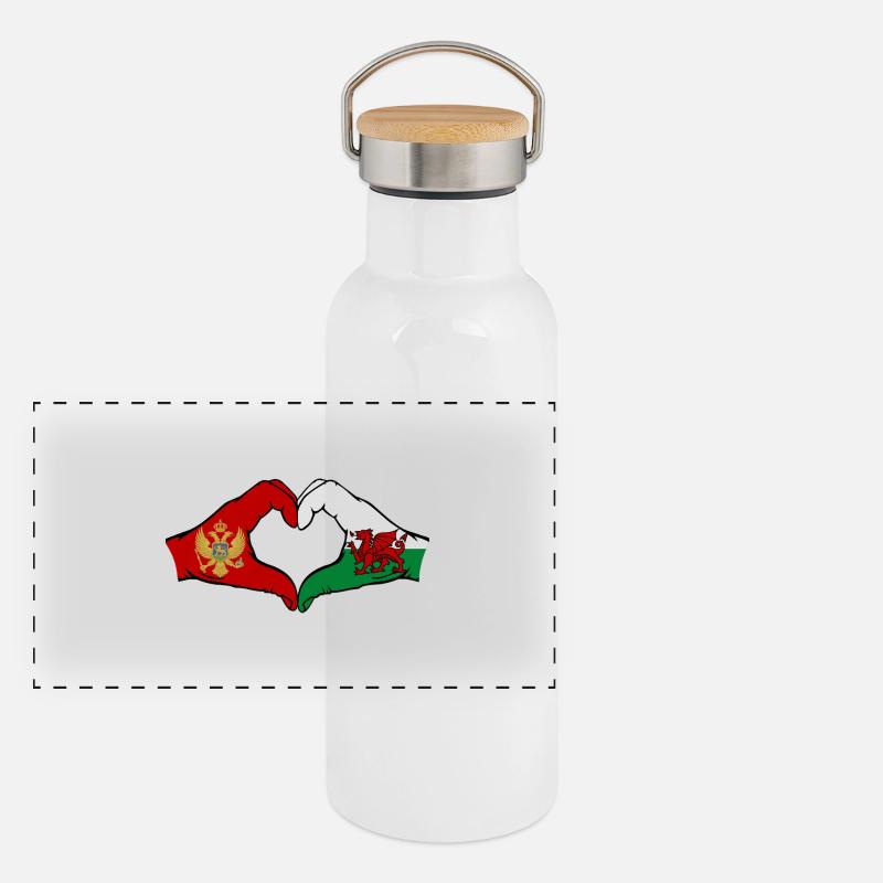 Monténégro Pays de Galles Drapeau Mains Coeur Forme Gourde isotherme avec bouchon en bambou