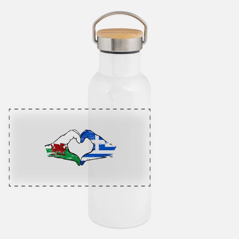 Pays de Galles Grèce drapeau mains forme de coeur utilisé Gourde isotherme avec bouchon en bambou