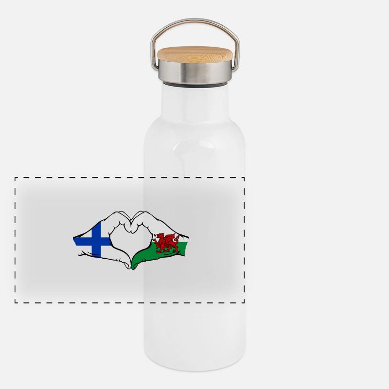Finlande Pays de Galles Drapeau Mains Coeur Forme Gourde isotherme avec bouchon en bambou