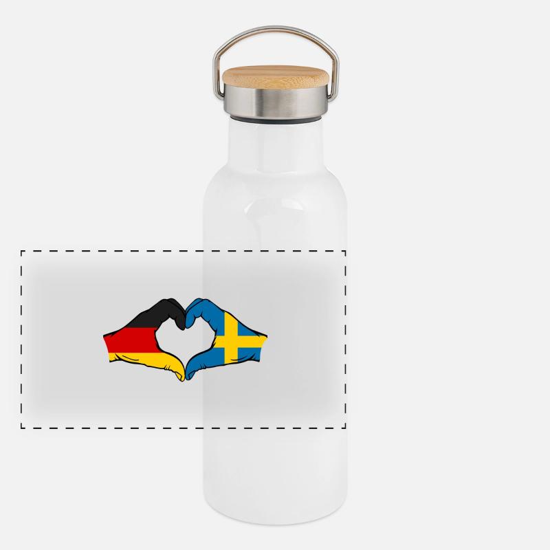 Allemagne Suède Drapeau Mains Coeur Forme Gourde isotherme avec bouchon en bambou