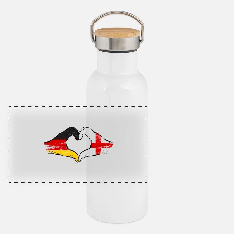 Allemagne Angleterre Drapeau Mains Coeur Forme Utilisé Gourde isotherme avec bouchon en bambou