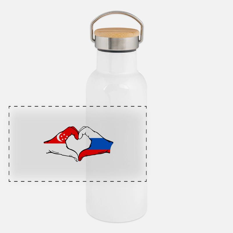 Singapour Russie Drapeau Mains Coeur Forme Gourde isotherme avec bouchon en bambou
