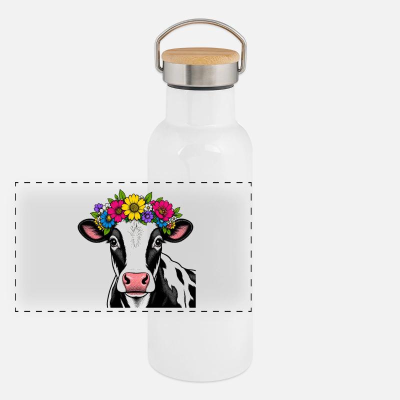 Vache décorée floral Gourde isotherme avec bouchon en bambou