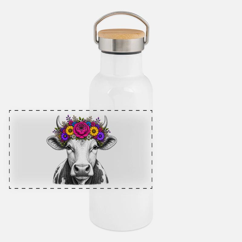 Vache avec couronne de fleurs Gourde isotherme avec bouchon en bambou