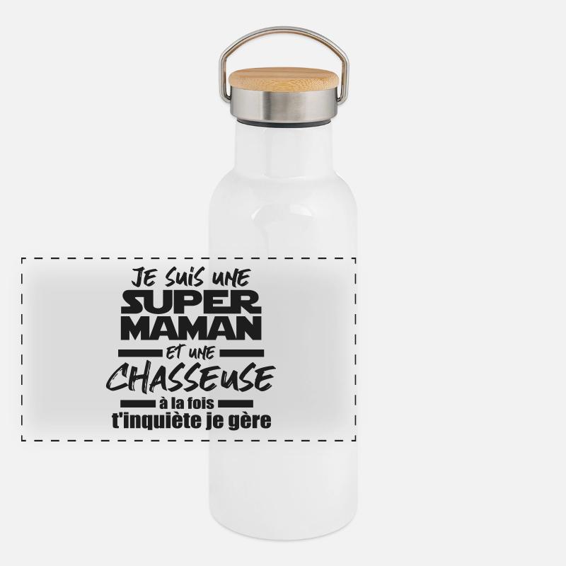 je suis une super maman et chasseuse Gourde isotherme avec bouchon en bambou