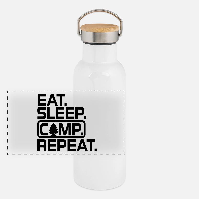 Eat Sleep Camp Repeat - Camping Lover, Camper Geschenk Panorama Thermosflasche mit Bambusdeckel
