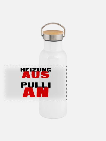 Energie sparen / Heizung runter Heizkosten sparen - Panorama Thermosflasche mit Bambusdeckel - Weiß - Vorne