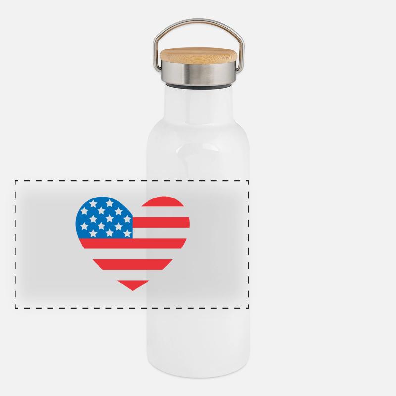 Drapeau des États-Unis en forme de cœur Gourde isotherme avec bouchon en bambou
