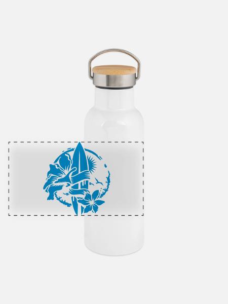 Surfbrett mit Blüten - Panorama Thermosflasche mit Bambusdeckel - Weiß