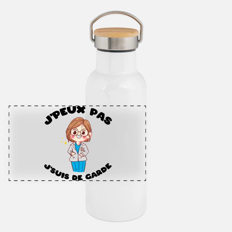 J'peux pas j'suis de garde Humour soignant cadeau Gourde isotherme avec bouchon en bambou