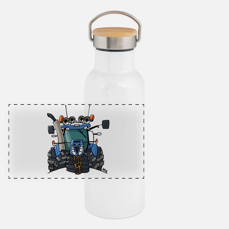 0397 Blauer Traktor Panorama Thermosflasche mit Bambusdeckel