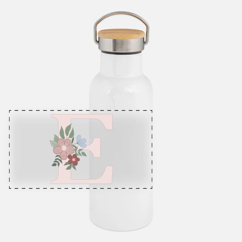 Lettre E avec fleur rose Gourde isotherme avec bouchon en bambou