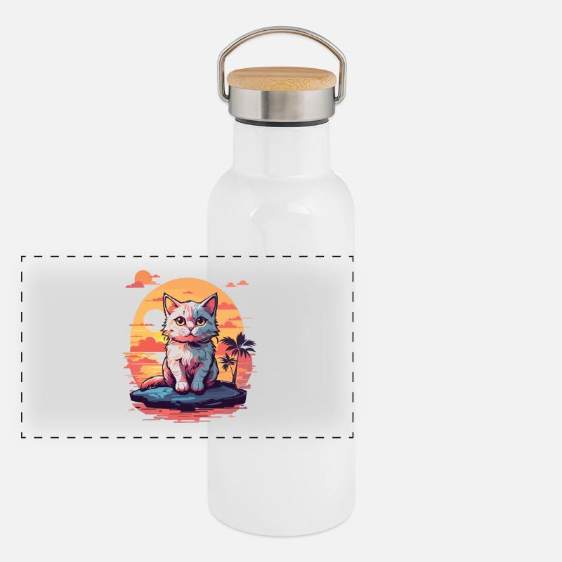 Süße kleine Katze am Meer Panorama Thermosflasche mit Bambusdeckel