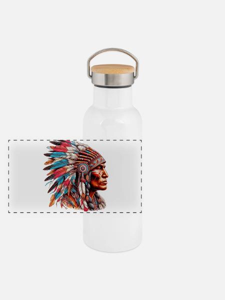 Amérindien Peau rouge d’Amérique - Gourde isotherme avec bouchon en bambou - blanc - Devant