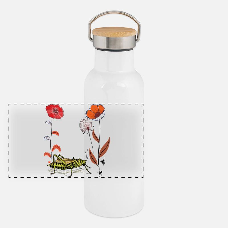 Gartenblume mit Grashüpfer und Ameisen Panorama Thermosflasche mit Bambusdeckel