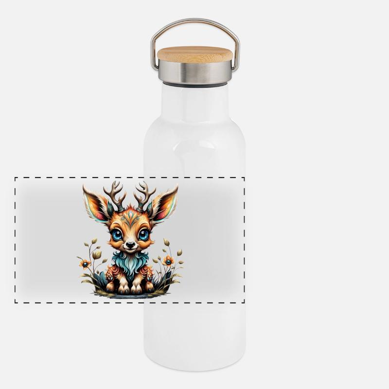 Cerf mignon dans le style des dessins animés. Gourde isotherme avec bouchon en bambou