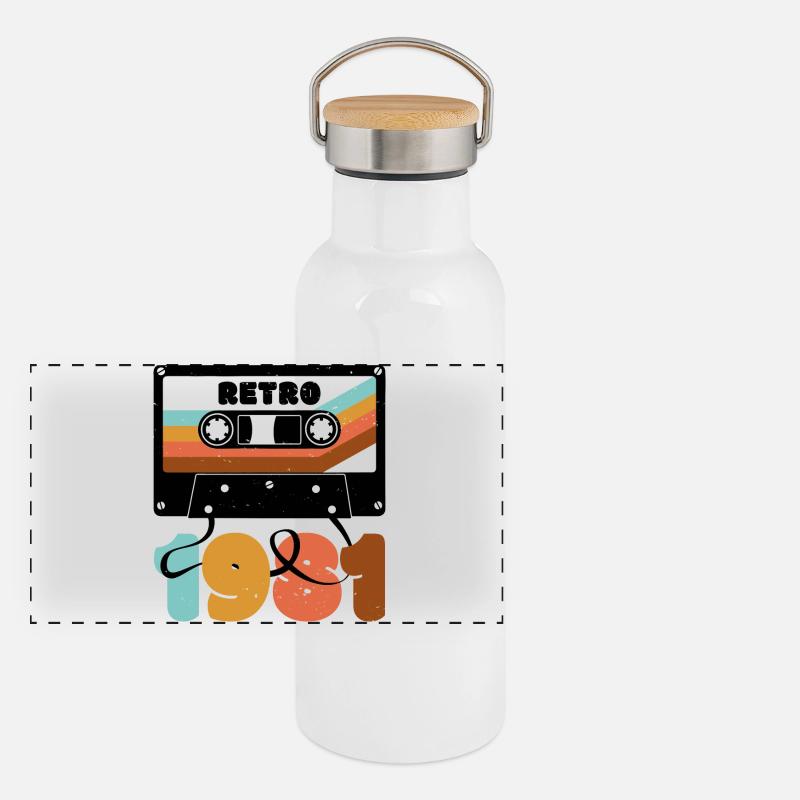 Retro Rainbow 80er Jahre Kassette Text Panorama Thermosflasche mit Bambusdeckel