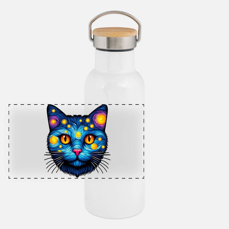Katze - Panorama Thermosflasche mit Bambusdeckel - Weiß
