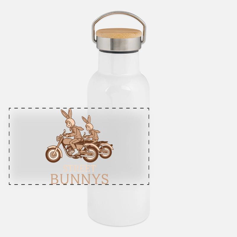 Biker Hasen Panorama Thermosflasche mit Bambusdeckel