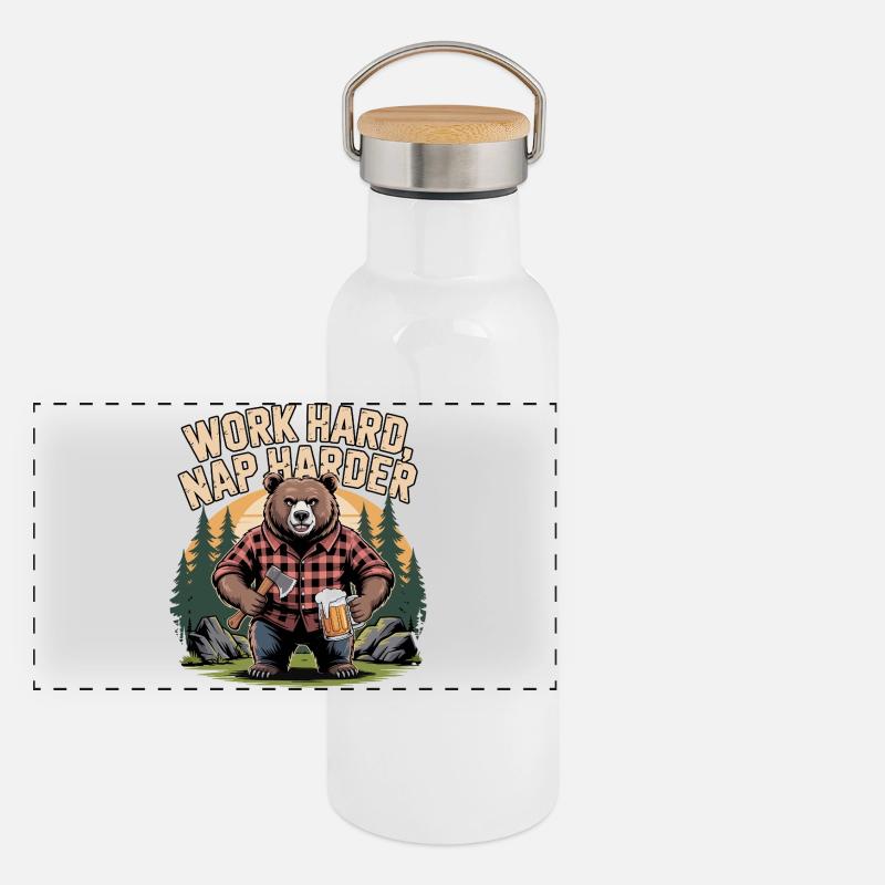 Hart arbeiten, Schlaf härter, Bär Panorama Thermosflasche mit Bambusdeckel