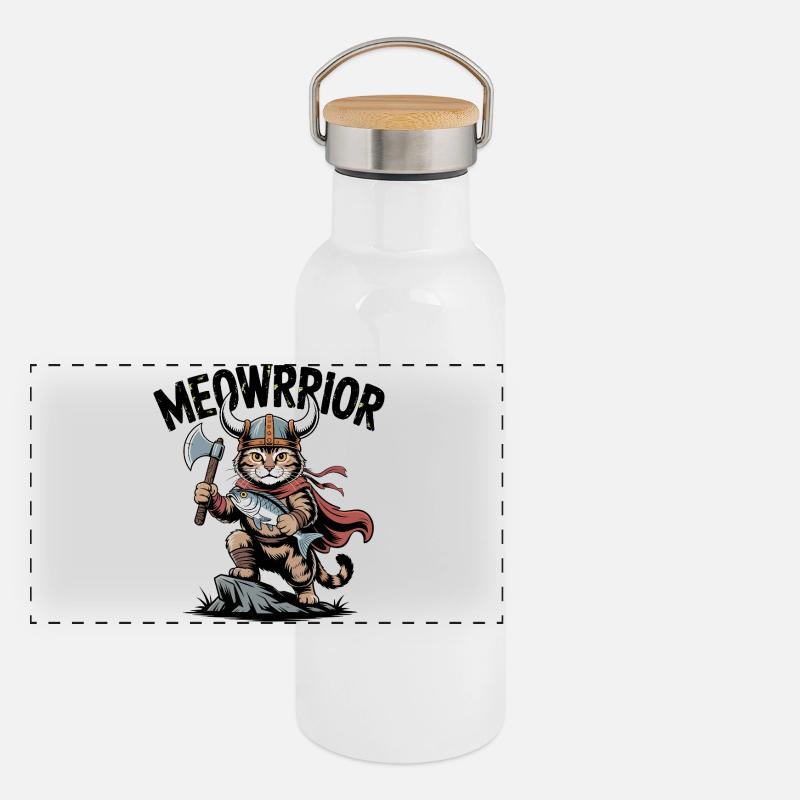 Meowrrior Wikingerkatzen-Krieger Panorama Thermosflasche mit Bambusdeckel