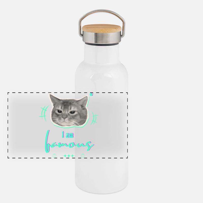 Humorous Cat Meme Design - I am famous - Panoramic Thermal Bottle with Bamboo Lid - white