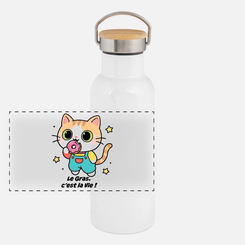 Chaton gourmand donuts, le Gras, c'est la Vie ! Gourde isotherme avec bouchon en bambou