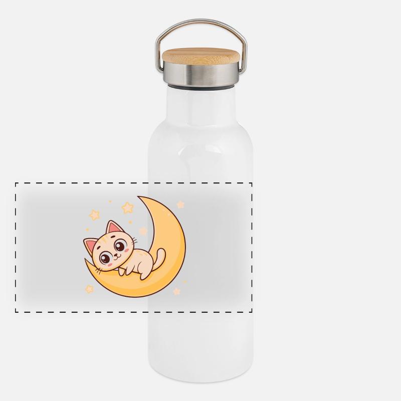 Kätzchen auf der Mondsichel Panorama Thermosflasche mit Bambusdeckel