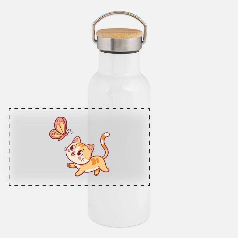 Neugierige Katze und Schmetterling Panorama Thermosflasche mit Bambusdeckel