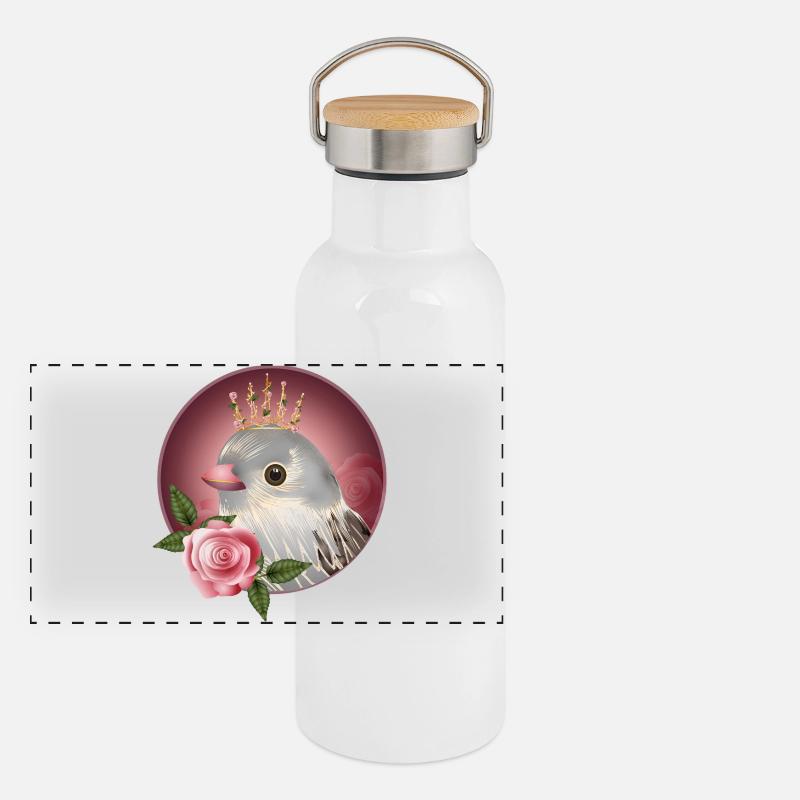 Zarter Vogel mit Rose und feiner Blütenkrone Panorama Thermosflasche mit Bambusdeckel