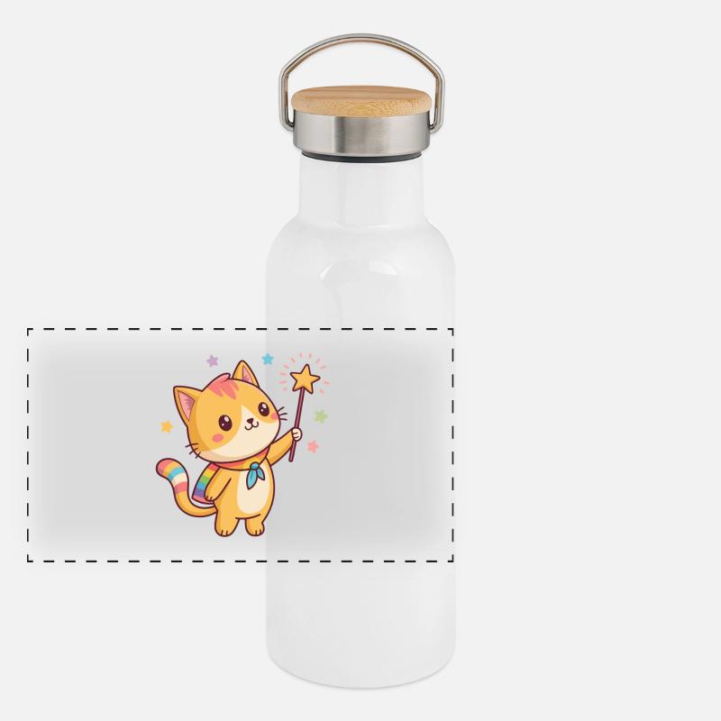 Chaton Magique et Étoiles Gourde isotherme avec bouchon en bambou