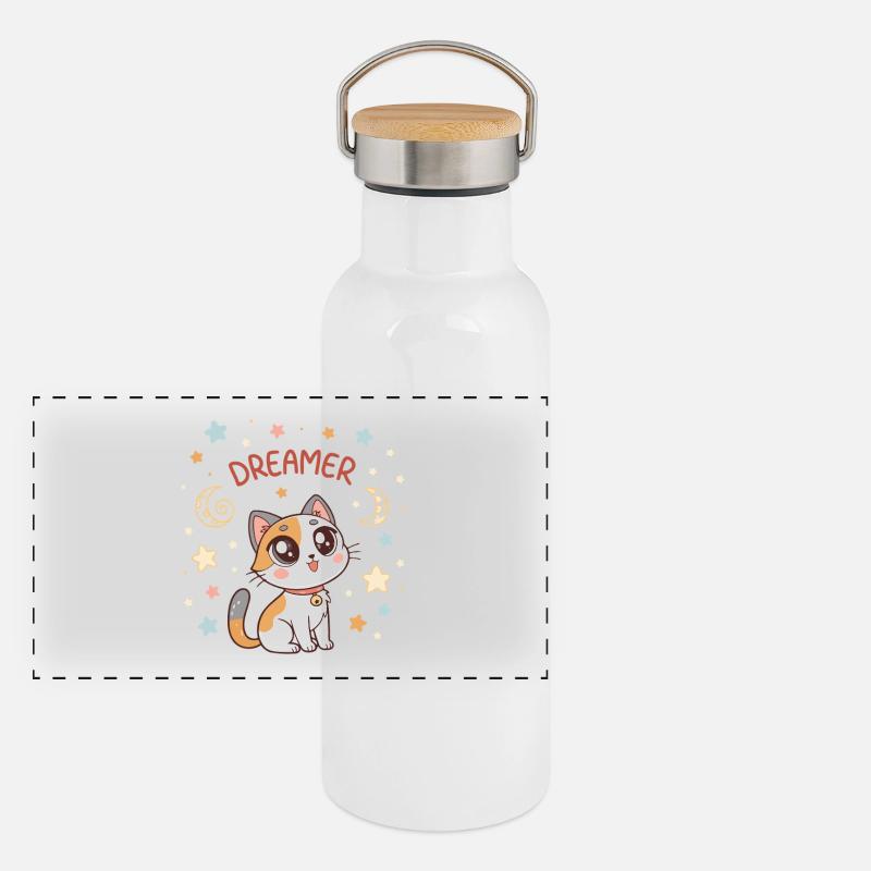 Pastel Dreamy Cat and Stars Panoramic Thermal Bottle with Bamboo Lid