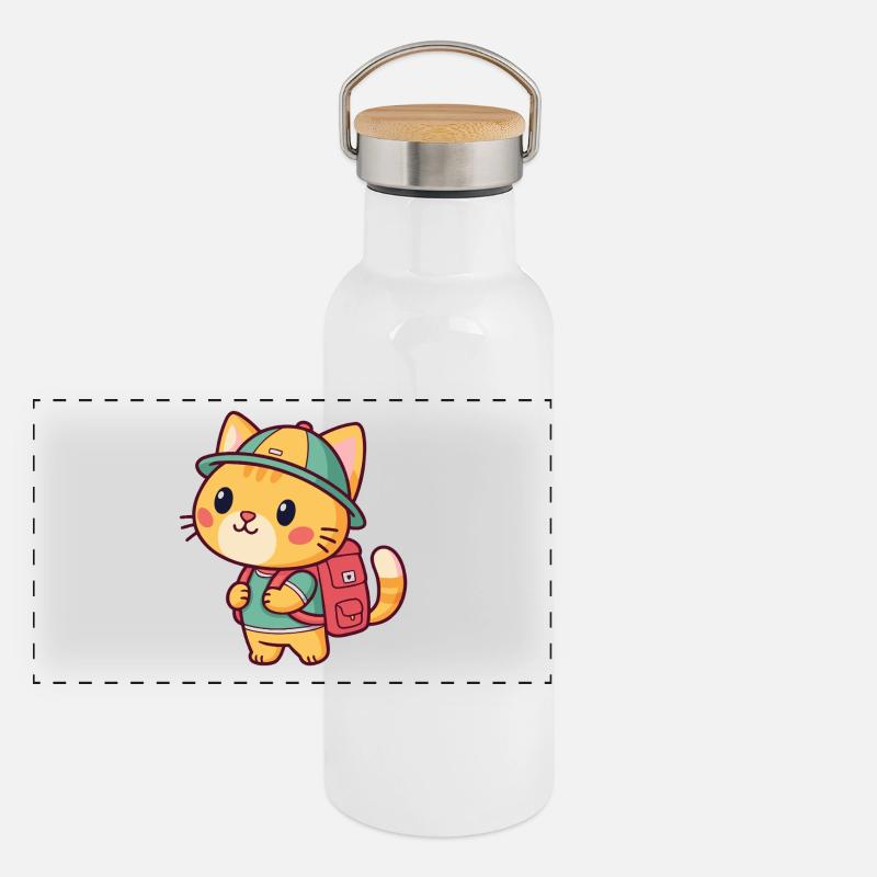 Entdeckerkatze mit Rucksack Panorama Thermosflasche mit Bambusdeckel