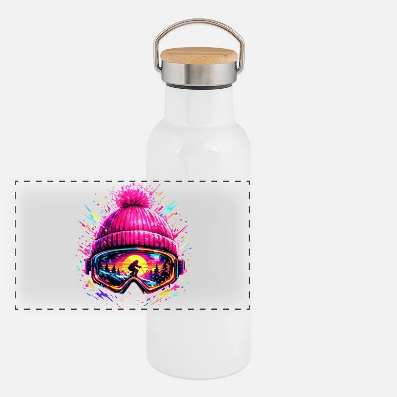 Skifahrer Retro Skibrille Apres Ski Geschenk Panorama Thermosflasche mit Bambusdeckel