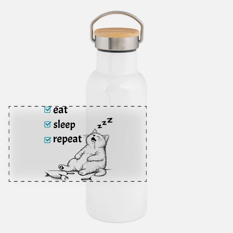 Eat Sleep Repeat – Cute Cat Life Checklist - Panoramic Thermal Bottle with Bamboo Lid - white
