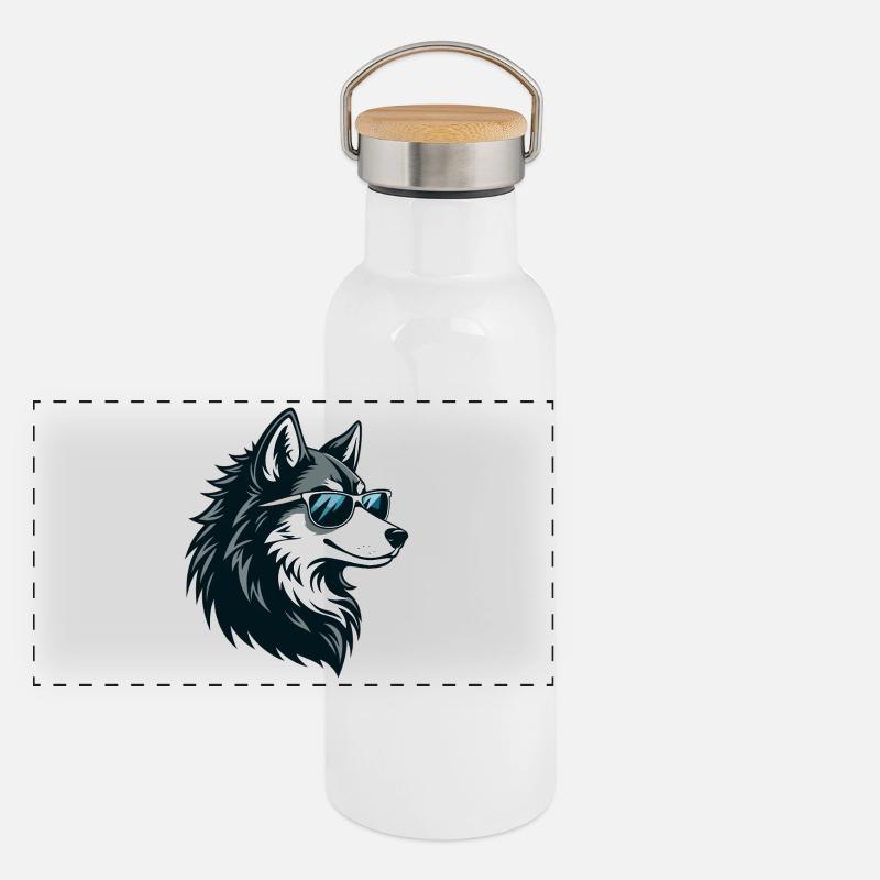 Wolf-Husky-Sonnenbrille Panorama Thermosflasche mit Bambusdeckel