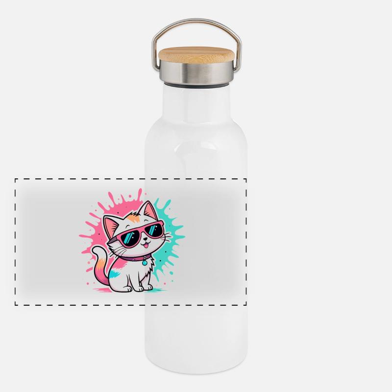 Bunte Katzen-Sonnenbrille Panorama Thermosflasche mit Bambusdeckel