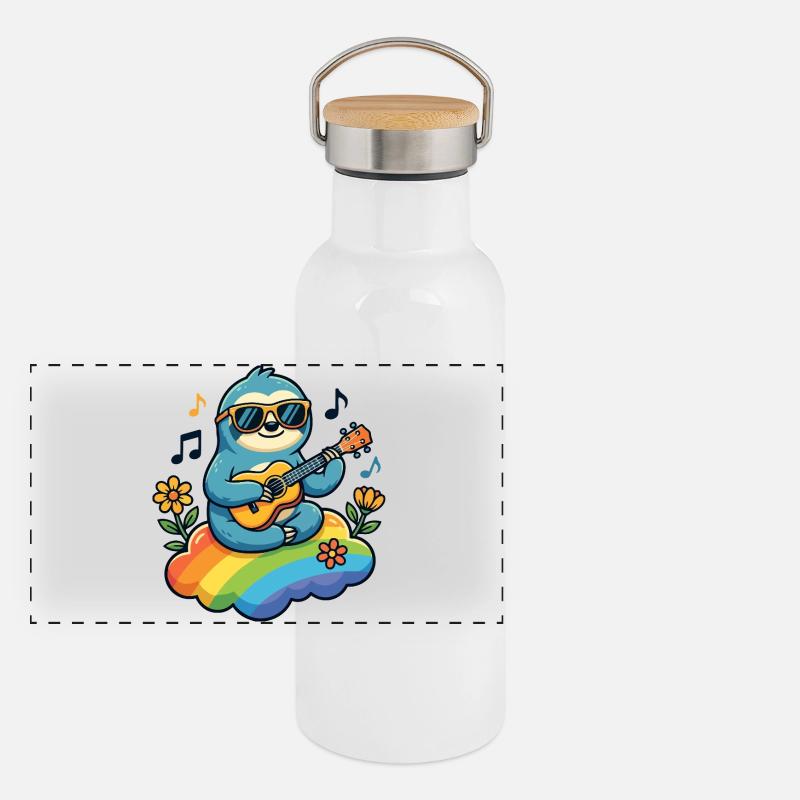 Sloth with guitar on rainbow cloud hippie Panoramic Thermal Bottle with Bamboo Lid