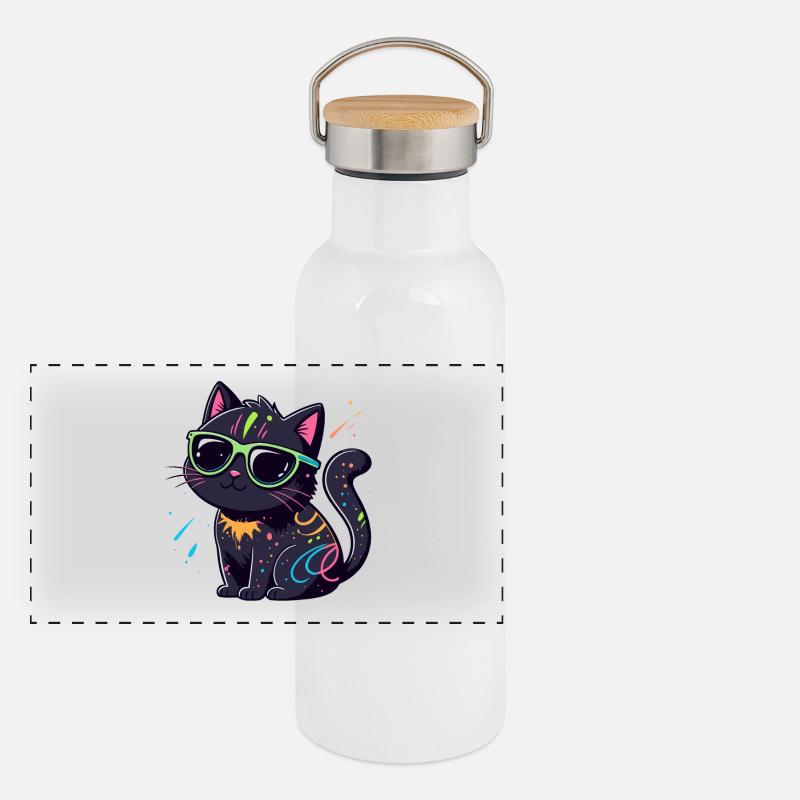 Neonschwarze Katze und Brille Panorama Thermosflasche mit Bambusdeckel