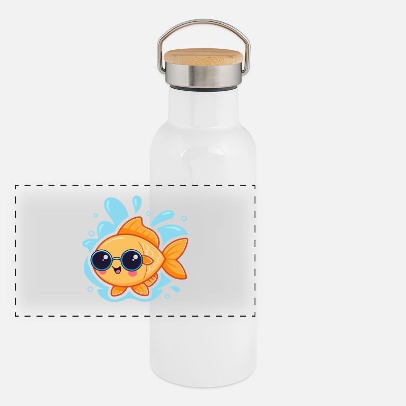 Hipster Goldfish with Round Glasses Panoramic Thermal Bottle with Bamboo Lid