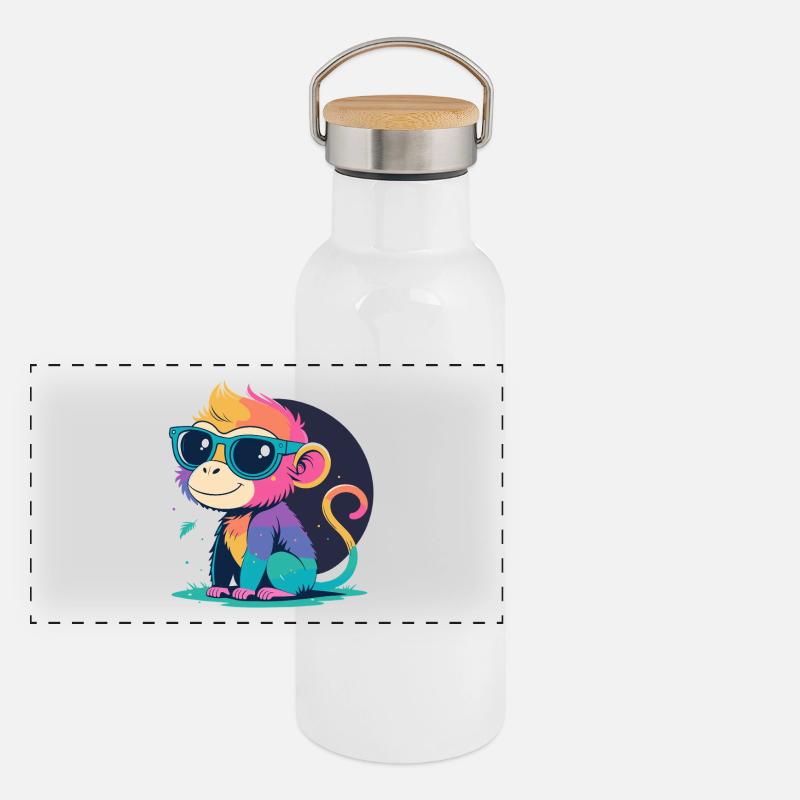 Regenbogenaffe mit Brille Panorama Thermosflasche mit Bambusdeckel
