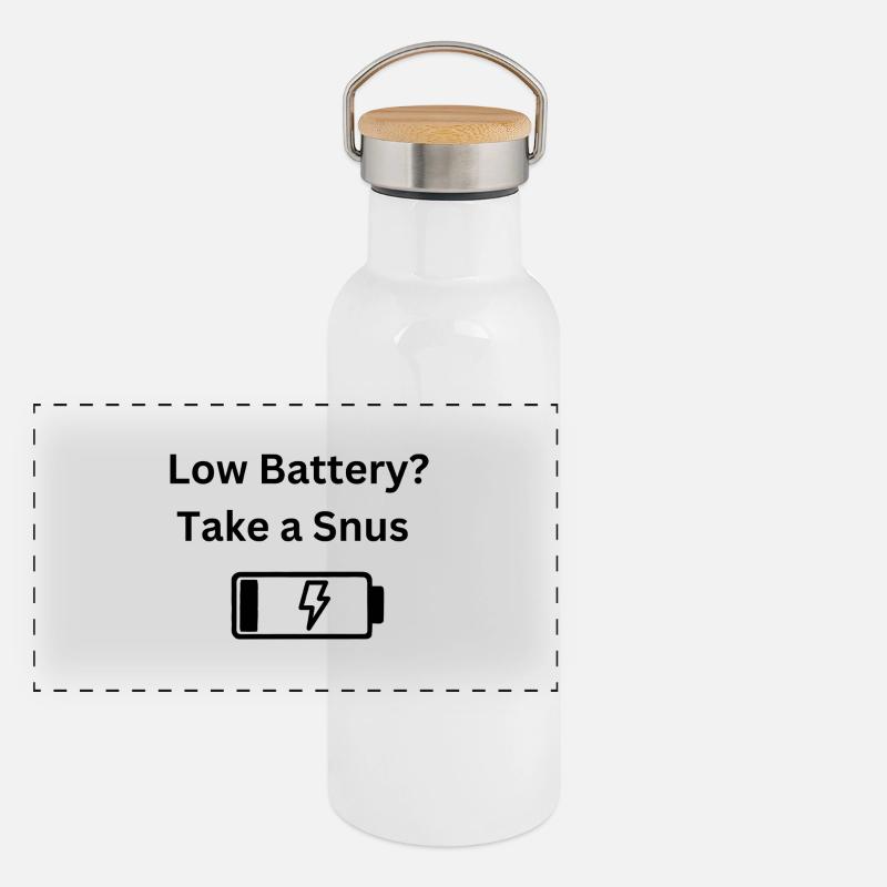 Low Battery Just Add Snus Panorama Thermosflasche mit Bambusdeckel