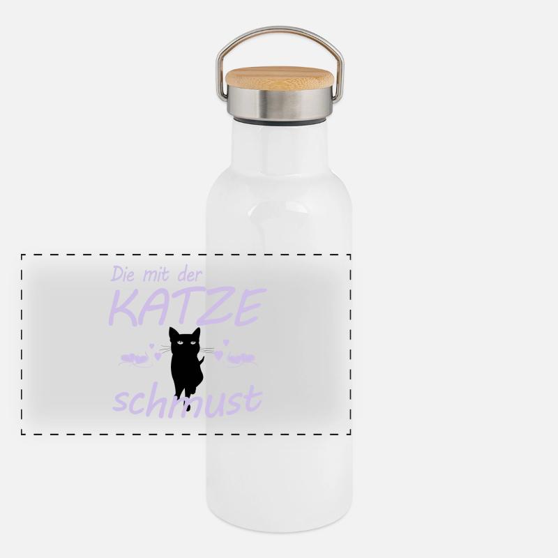 Die mit der Katze schmust Geschenk Panorama Thermosflasche mit Bambusdeckel