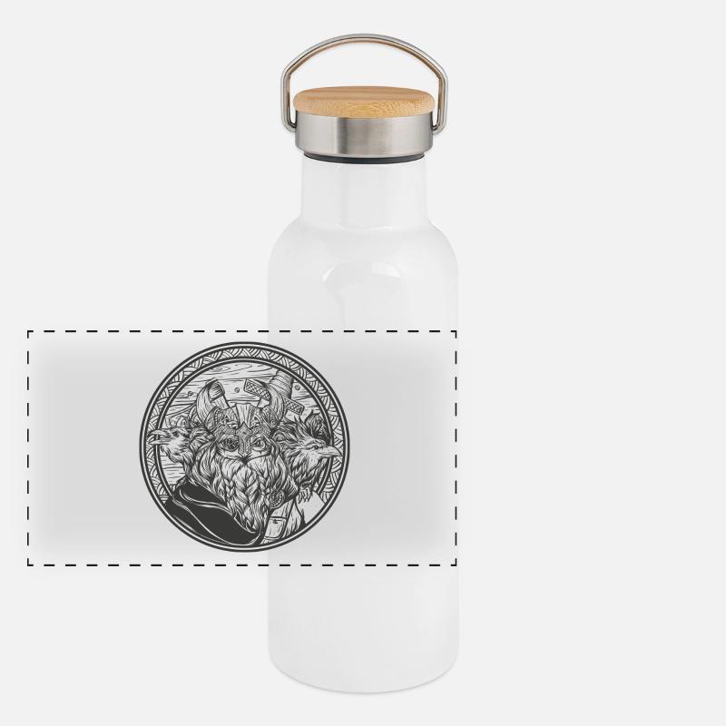 Odin mit seiner Raben Panorama Thermosflasche mit Bambusdeckel