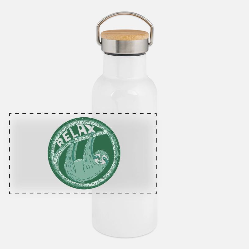 Relax -- Grünes Faultier Panorama Thermosflasche mit Bambusdeckel